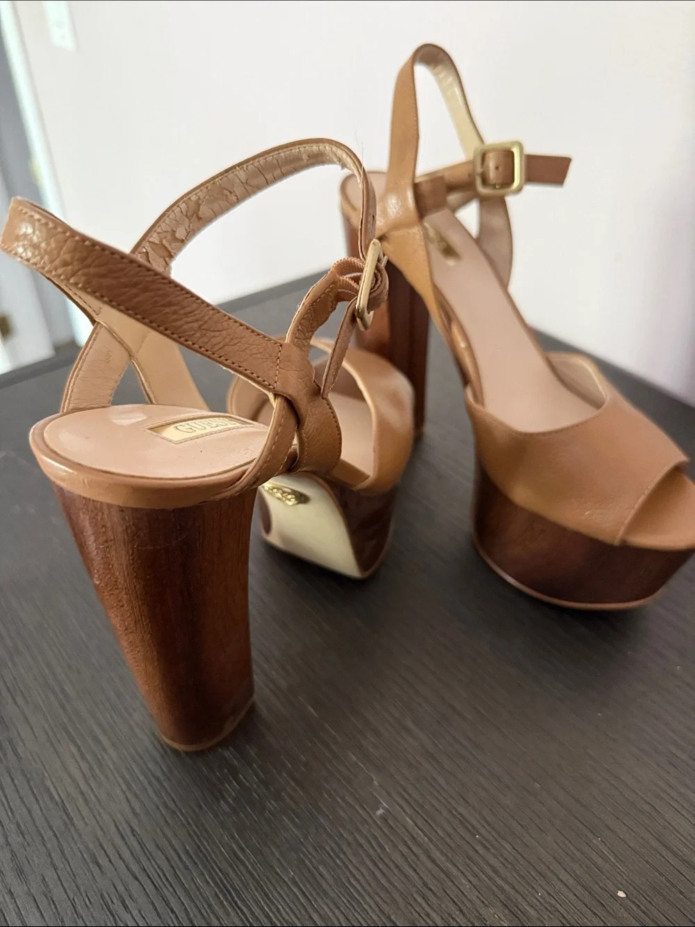 Guess Tan Platform Sandals with Wooden Block Heel